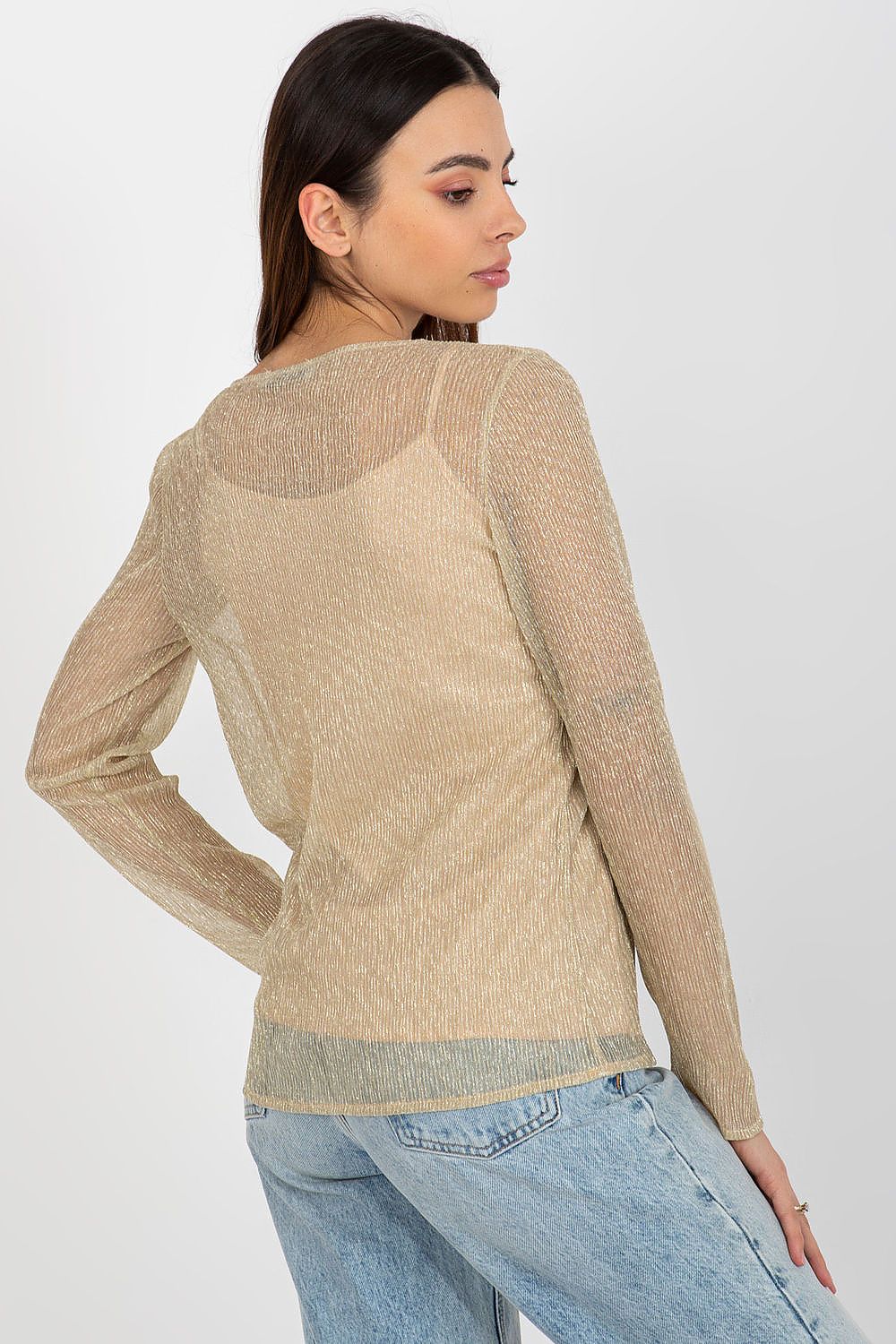 Luxury Lakerta 2-Piece Blouse with Long Sleeves, showcasing the elegant round neckline and decorative flower brooch.