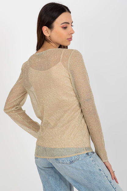 Luxury Lakerta 2-Piece Blouse with Long Sleeves, showcasing the elegant round neckline and decorative flower brooch.