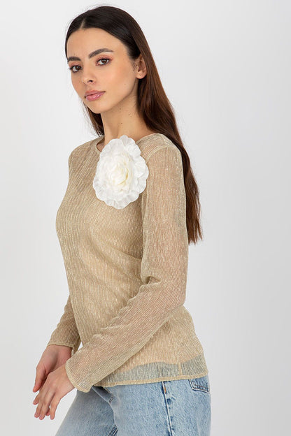 Close-up of the Luxury Lakerta 2-Piece Blouse with Long Sleeves, featuring exquisite detailing of the floral brooch.