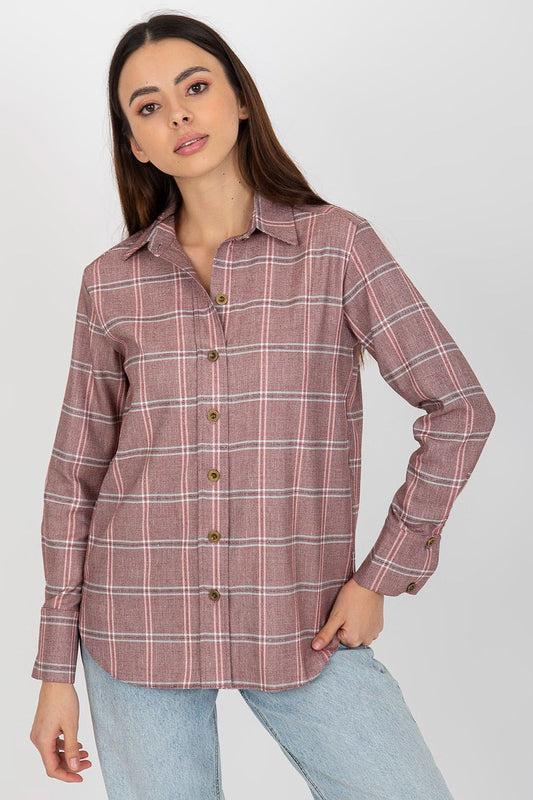 Luxurious Dark Pink Plaid Long Sleeve Shirt for Women by Lakerta - Soft Cotton Blend, showcasing the elegant plaid pattern and premium fabric quality.
