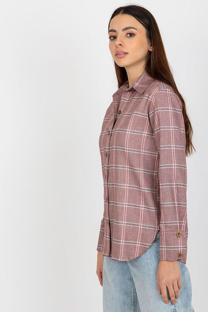 Close-up of the Luxurious Dark Pink Plaid Long Sleeve Shirt for Women by Lakerta, highlighting the soft cotton blend and intricate details.