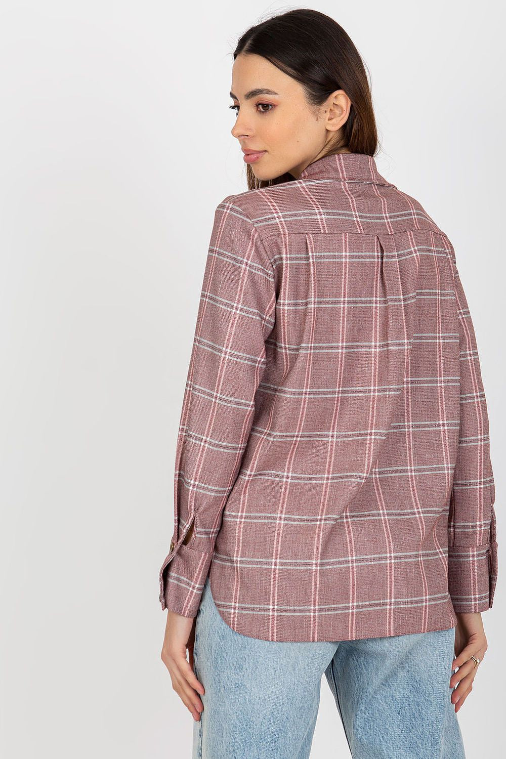 Model wearing the Luxurious Dark Pink Plaid Long Sleeve Shirt for Women by Lakerta, styled elegantly with a chic autumn outfit.