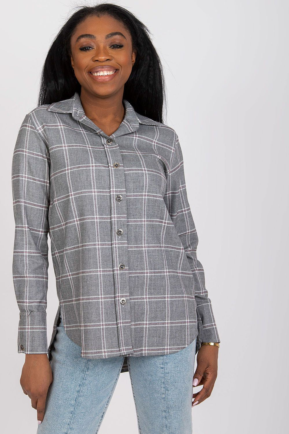 Luxurious Dark Pink Plaid Long Sleeve Shirt for Women by Lakerta displayed on a hanger, revealing its sophisticated buttoned design.
