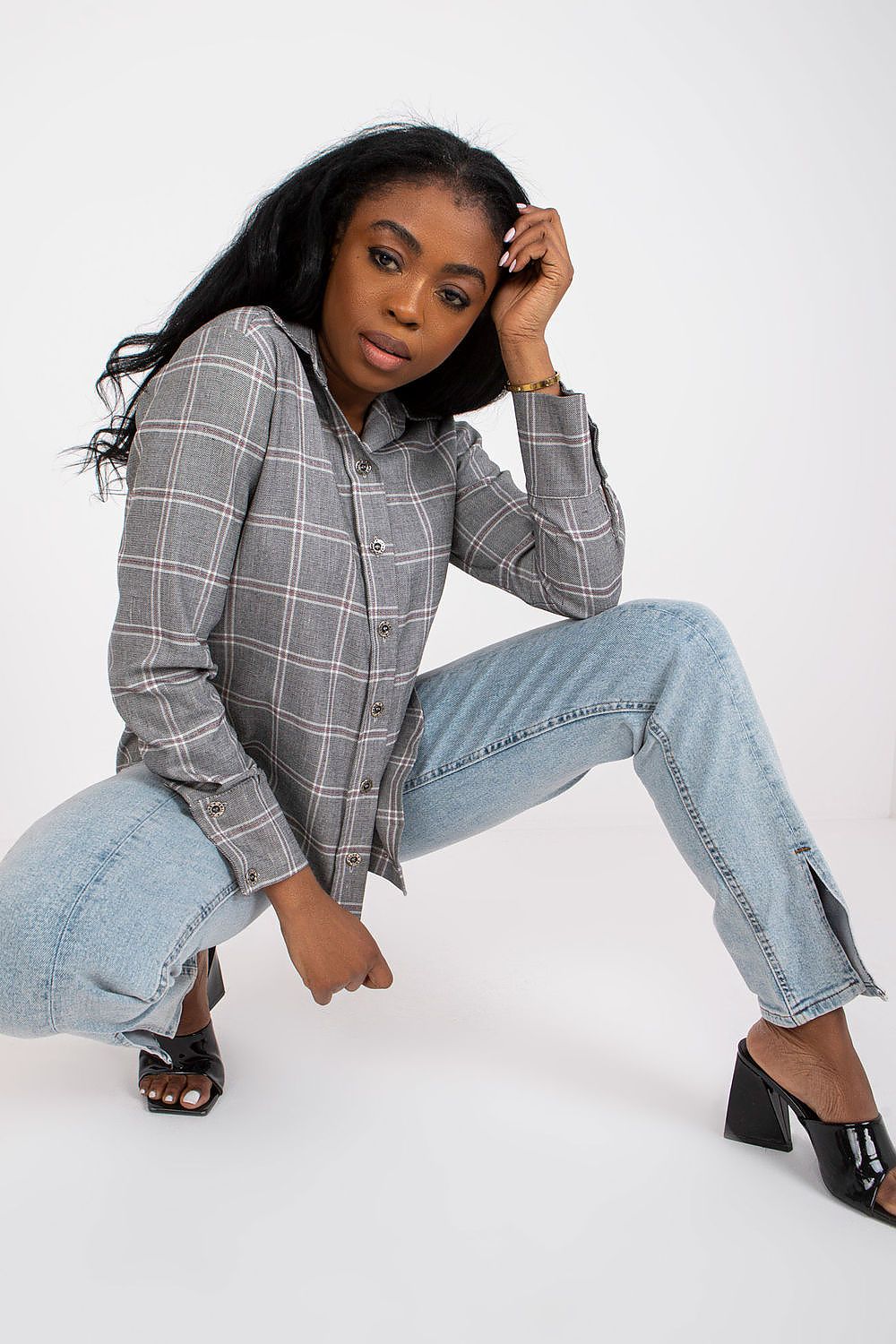 Luxurious Dark Pink Plaid Long Sleeve Shirt for Women by Lakerta showcasing high-quality cotton blend fabric with a stylish plaid pattern.