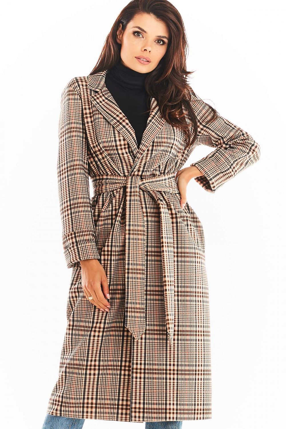 Awama Double Collar Belted Coat with Pockets, elegant long sleeve outerwear styled for sophistication in Poland.