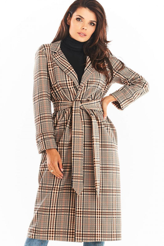 Awama Double Collar Belted Coat with Pockets, elegant long sleeve outerwear styled for sophistication in Poland.