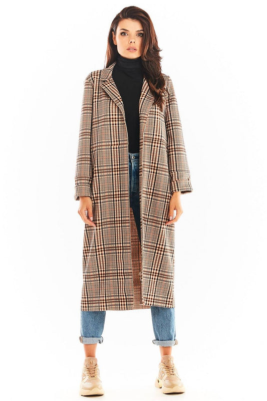 Elegant long sleeve Awama Double Collar Belted Coat with Pockets, showcasing a chic design ideal for luxury fashion in Poland.