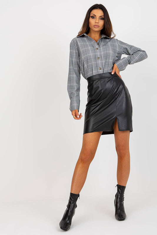 Elegant Lakerta eco-leather mini skirt with slit, perfect for upscale occasions.