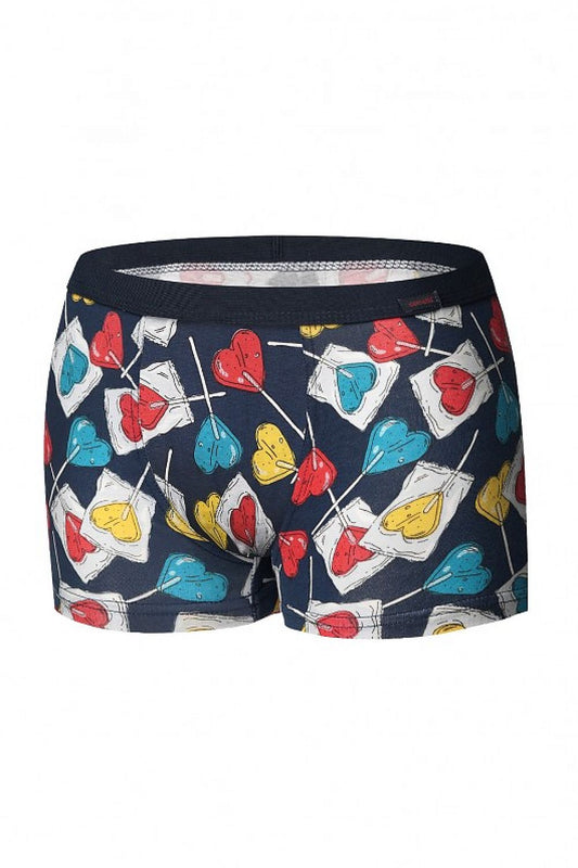 Elegant Cornette boxer shorts adorned with a whimsical pattern of colourful heart-shaped lollipops on a navy background, designed for style and comfort.