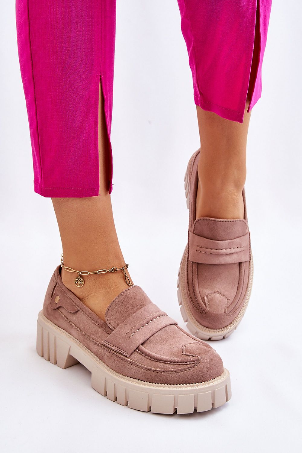 Elegant eco leather loafer-style half shoes with a stylish platform and rivet detail, showcased with chic pink trousers from Step in Style.