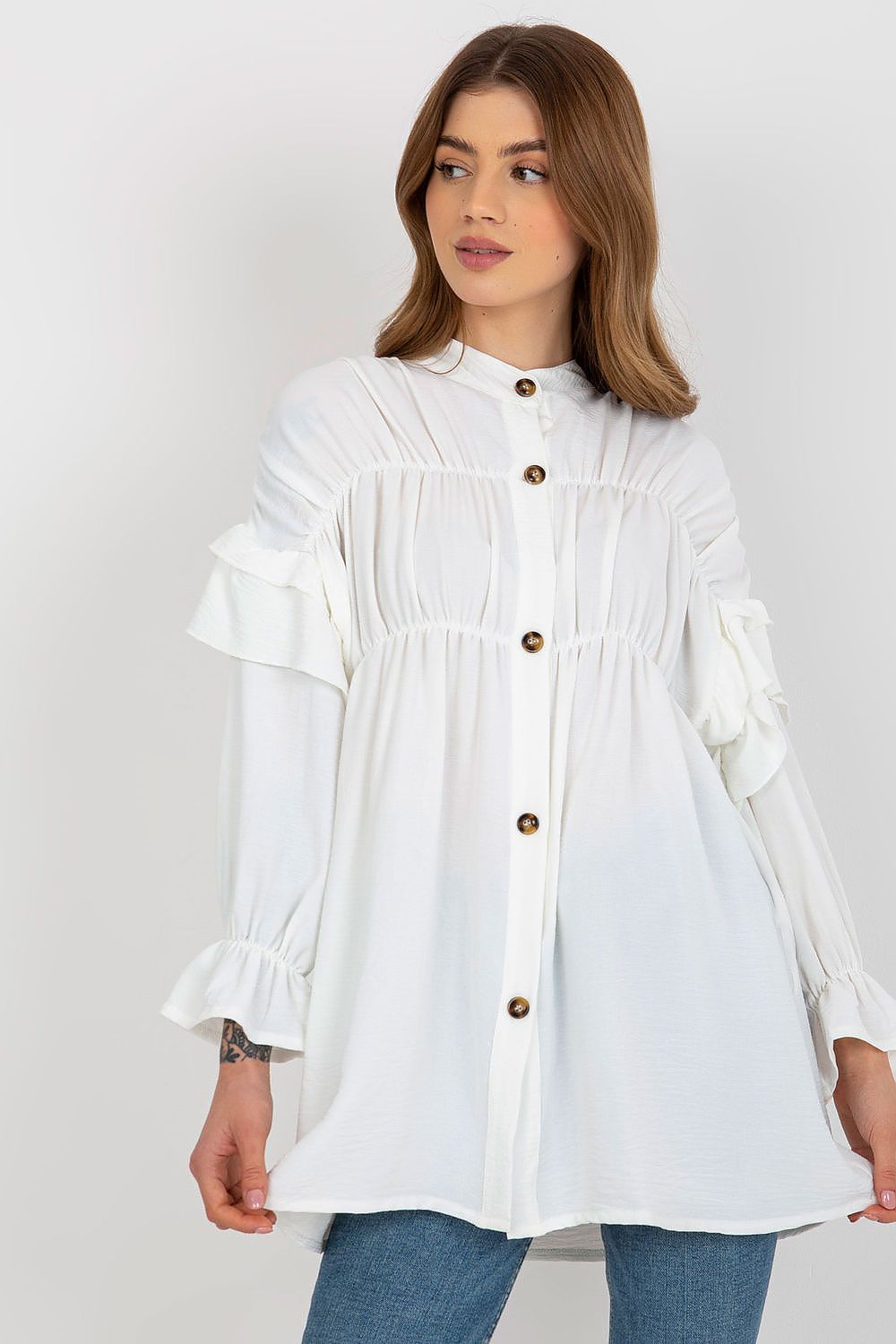 Luxurious Loose Cut Long Sleeve Button-Down Shirt with Ruffles by Och Bella, showcasing elegant ruffle details and a relaxed silhouette.