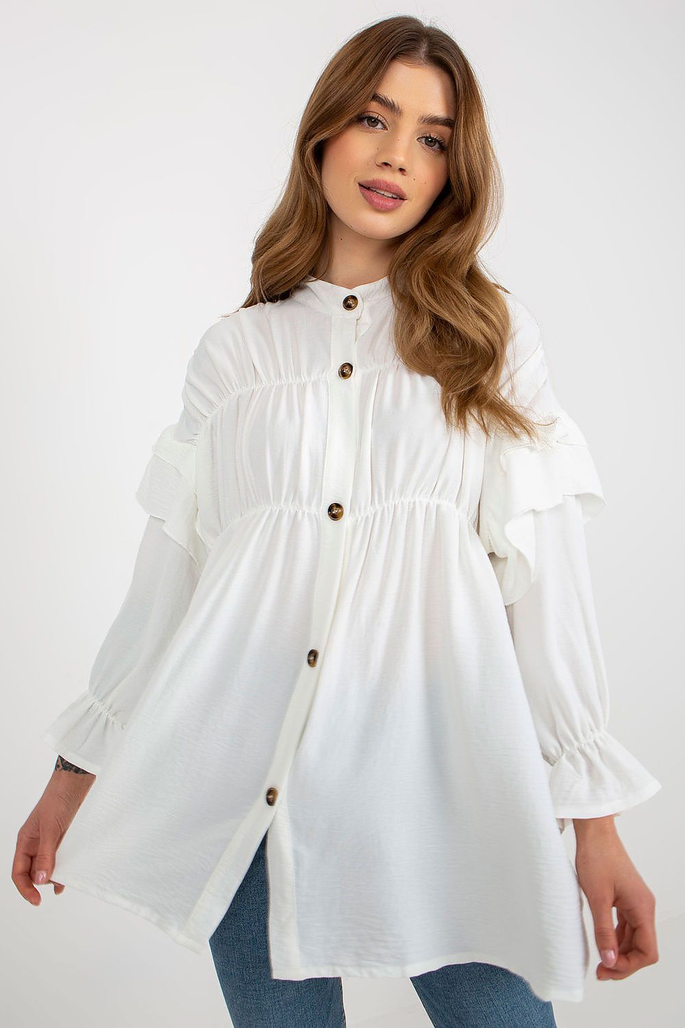 Stylish image of the Luxurious Loose Cut Long Sleeve Button-Down Shirt with Ruffles by Och Bella, emphasising the delicate ruffles and high-quality fabric.