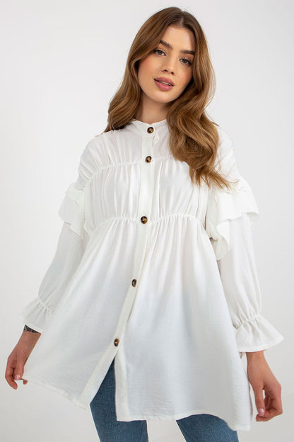 Stylish image of the Luxurious Loose Cut Long Sleeve Button-Down Shirt with Ruffles by Och Bella, emphasising the delicate ruffles and high-quality fabric.