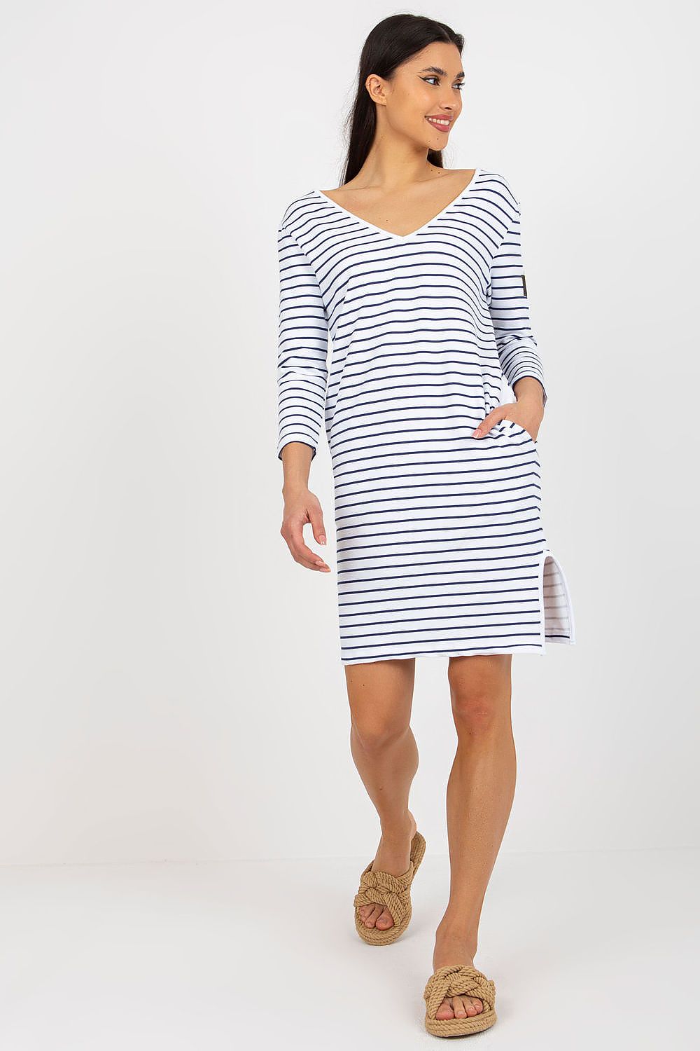 Model wearing the Elegant Och Bella Sweatshirt Dress with Heart Neckline, demonstrating the comfort and chic style available in sizes S to XL.