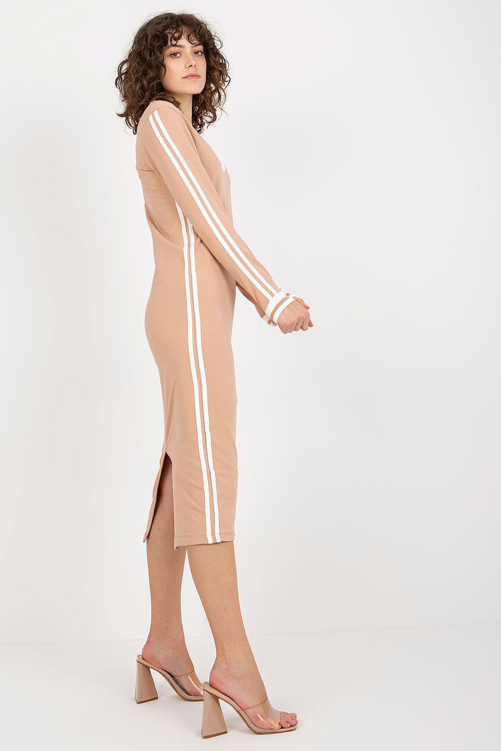 Detail view of the Elegant Pencil Cut Daydress with Long Sleeves and V-Neck, featuring high-quality Cotton & Spandex Blend for a perfect fit.