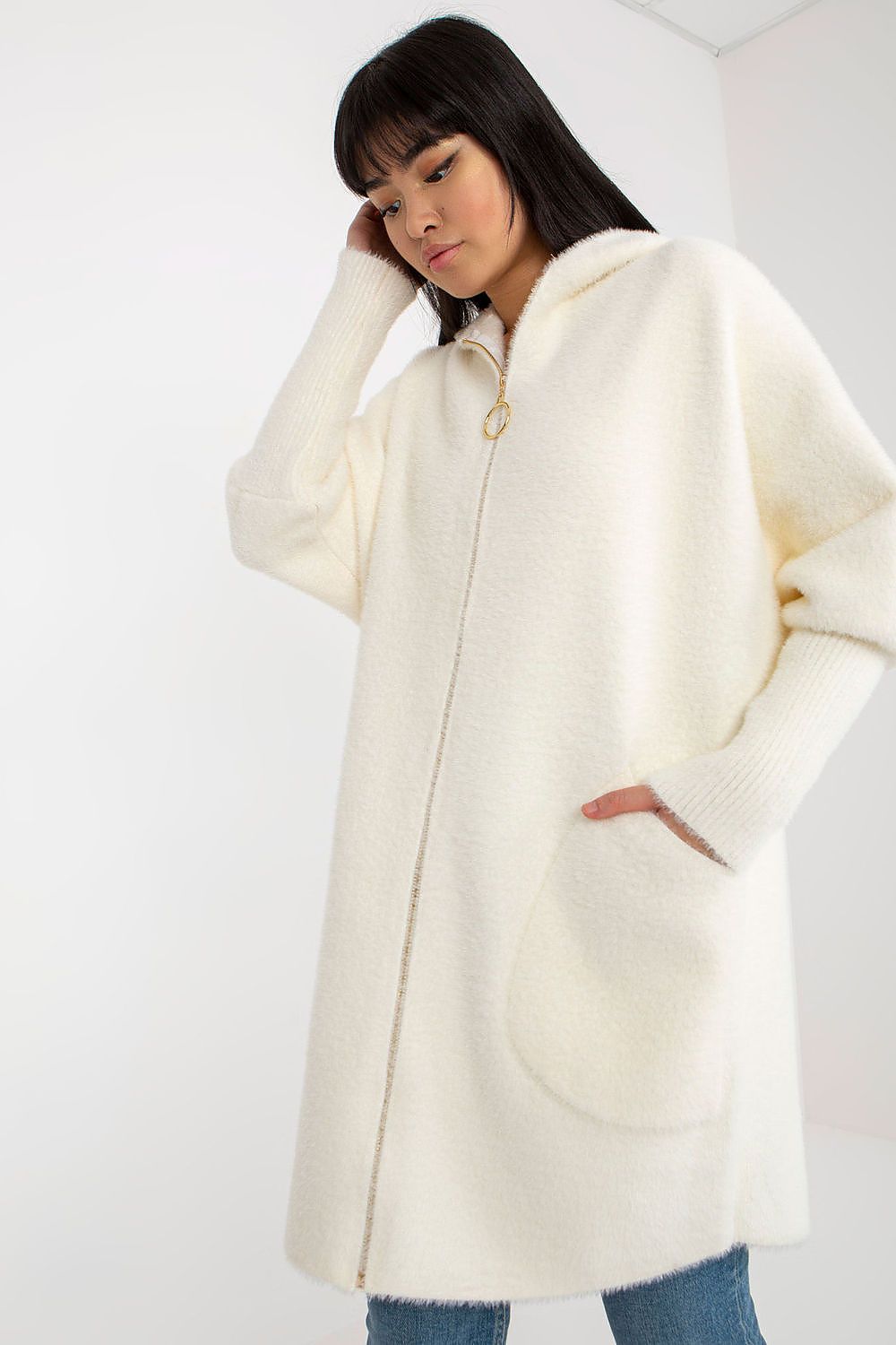 Luxury Women's Coat MBM with Hood, featuring a zippered design, long sleeves, and large pockets for added elegance and functionality.