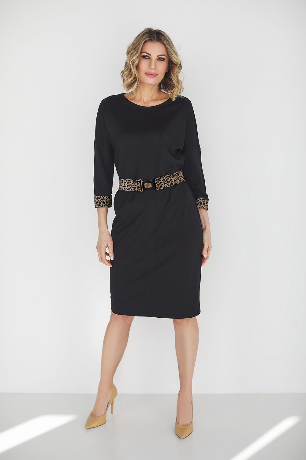 Elegant La Aurora Daydress in Morgan Stretch Knit Fabric with Belt, showcasing its luxurious design, suitable for sizes 42 and above.