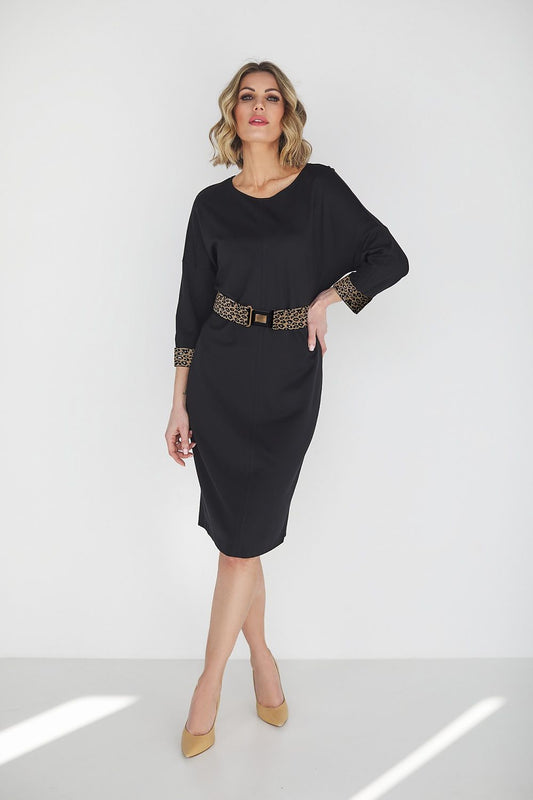 Close-up of the Elegant La Aurora Daydress in Morgan Stretch Knit Fabric with Belt, highlighting the intricate details and comfort for sizes 42+.