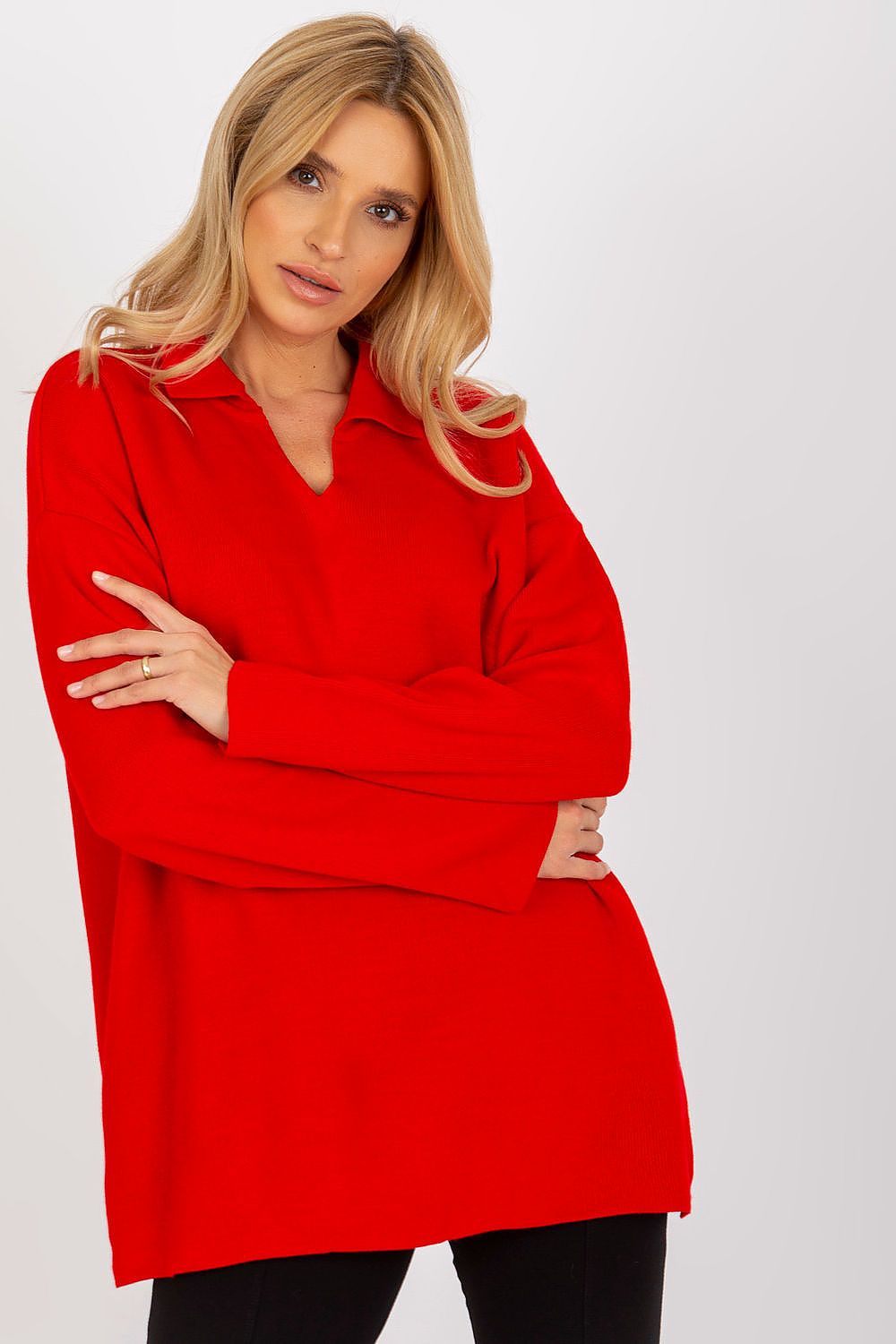 Luxurious Rue Paris Loose Cut Sweater with Heart Neckline and Long Sleeves showcased elegantly, perfect for everyday wear.