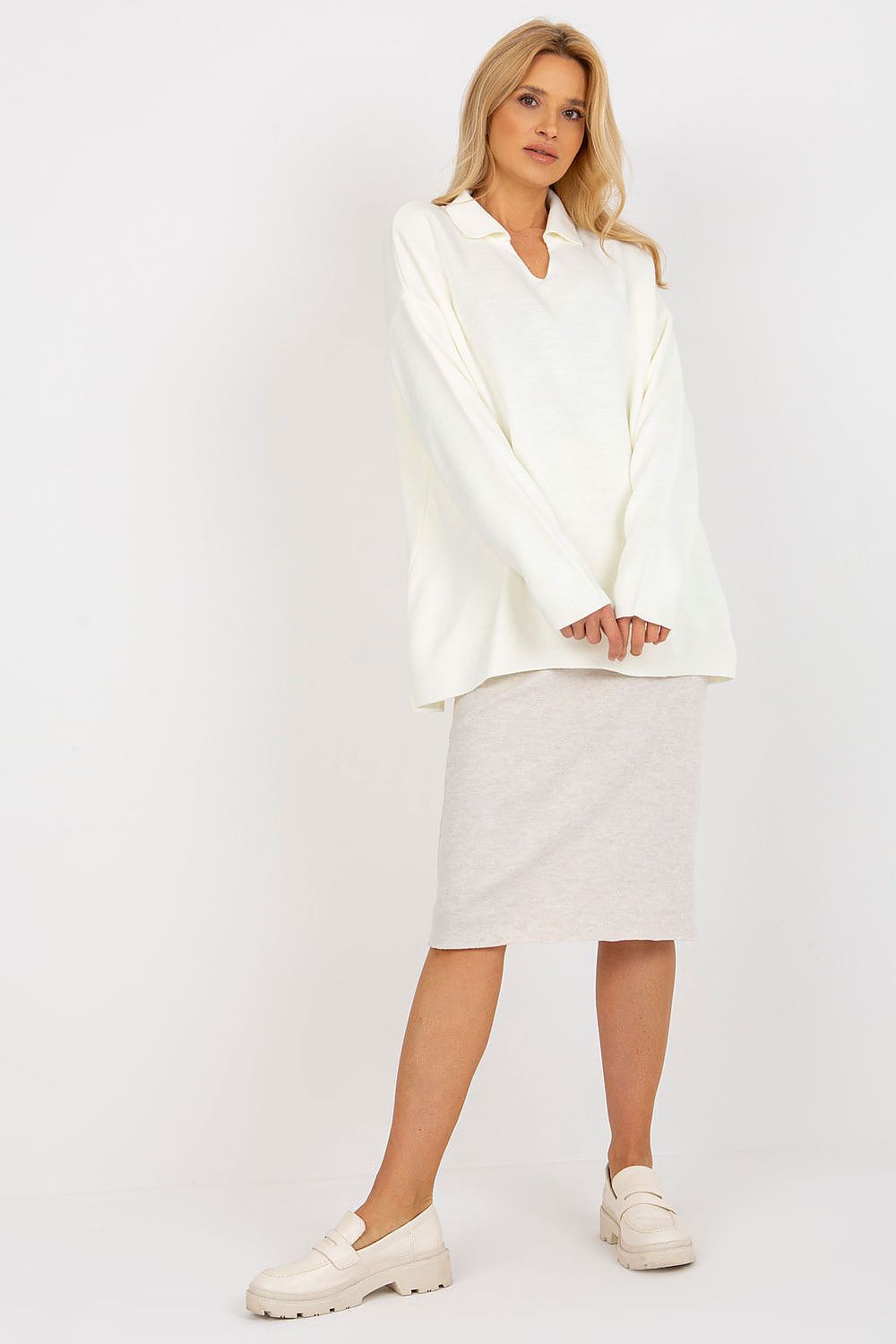 Close-up of Luxurious Rue Paris Loose Cut Sweater with intricate Heart Neckline and Long Sleeves, ideal for stylish daily outfits.