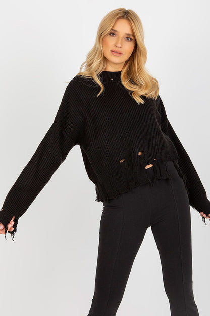 Asymmetrical Women's Sweater with Decorative Holes in 70% Acrylic & 30% Wool by Rue Paris, showcasing elegance and unique style for a luxurious look.