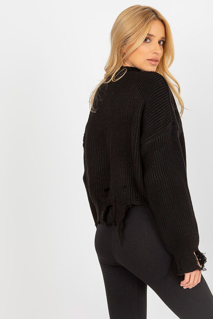 Asymmetrical Women's Sweater with Decorative Holes in 70% Acrylic & 30% Wool by Rue Paris showcasing its elegant loose cut and long sleeves.