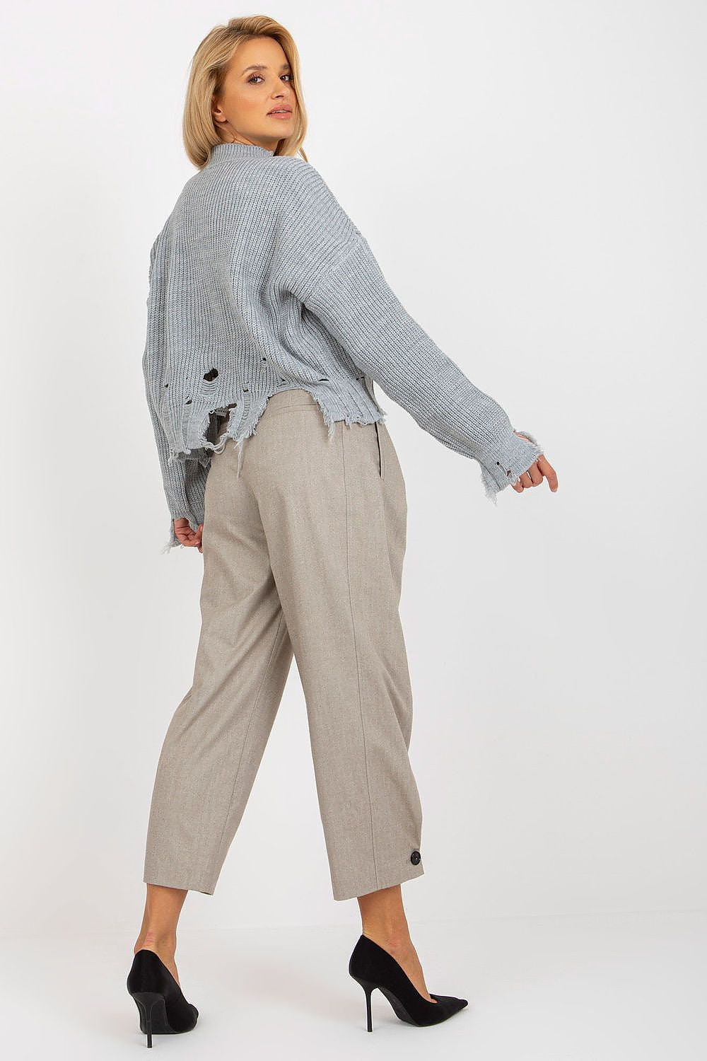 Chic women's sweater with a unique asymmetrical design and decorative holes, crafted by Rue Paris from 70% acrylic and 30% wool.