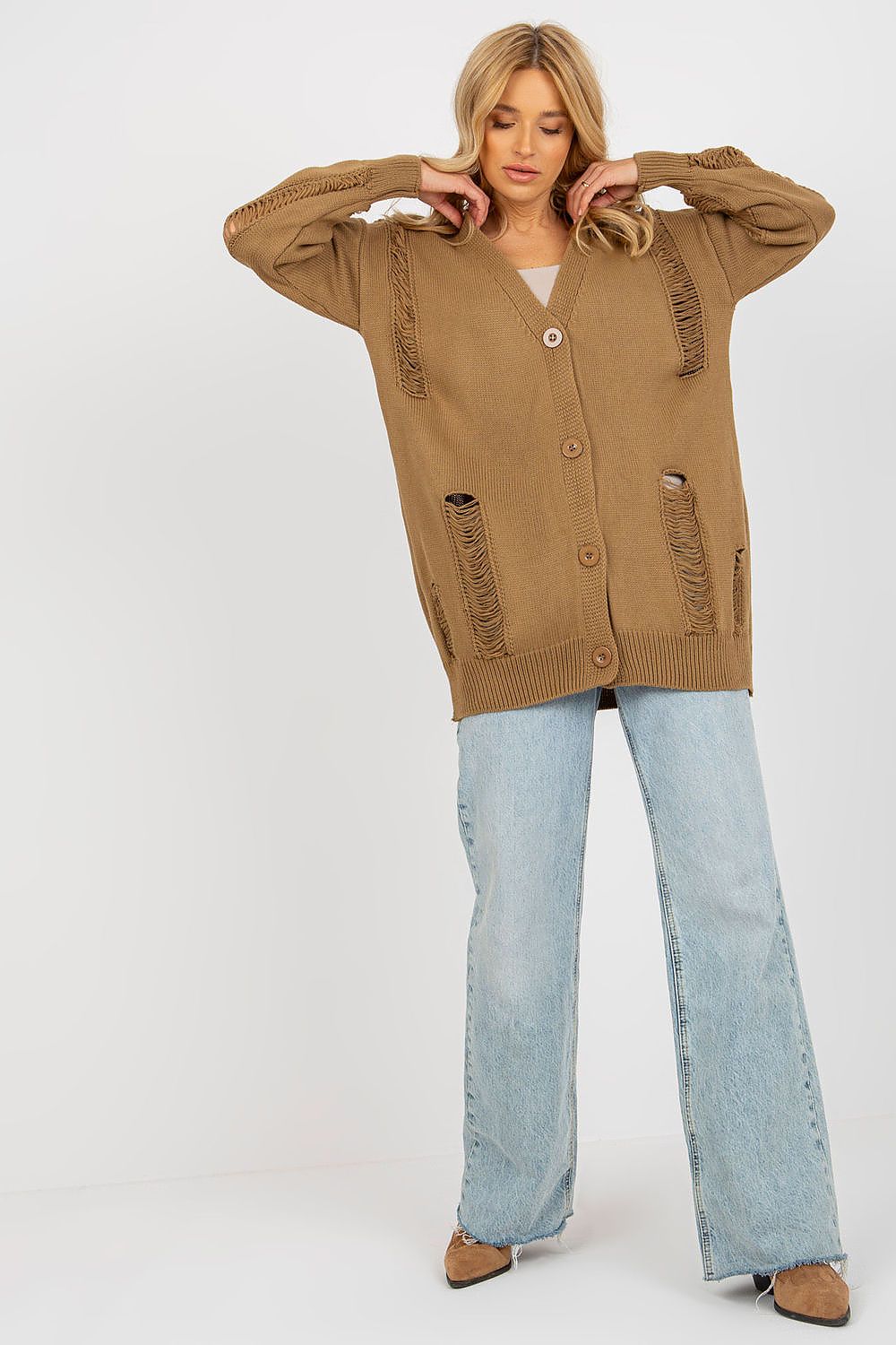 Elegant Button-Down Cardigan With Heart Neckline - Rue Paris, displayed elegantly to emphasize its perfect fit and the luxurious texture of its fabric.