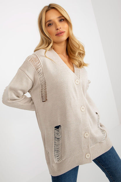 Elegant Button-Down Cardigan With Heart Neckline - Rue Paris, featuring long sleeves and a stylish heart neckline.