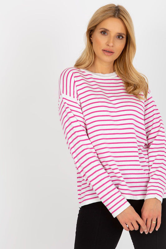 Luxurious Striped Women's Sweater by Rue Paris featuring classic cut and round neckline in vibrant stripes, crafted from 70% acrylic and 30% wool.