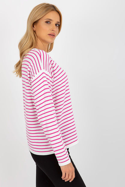 Close-up of Luxurious Striped Women's Sweater by Rue Paris showcasing the soft texture and vibrant stripes, made with 70% acrylic and 30% wool.