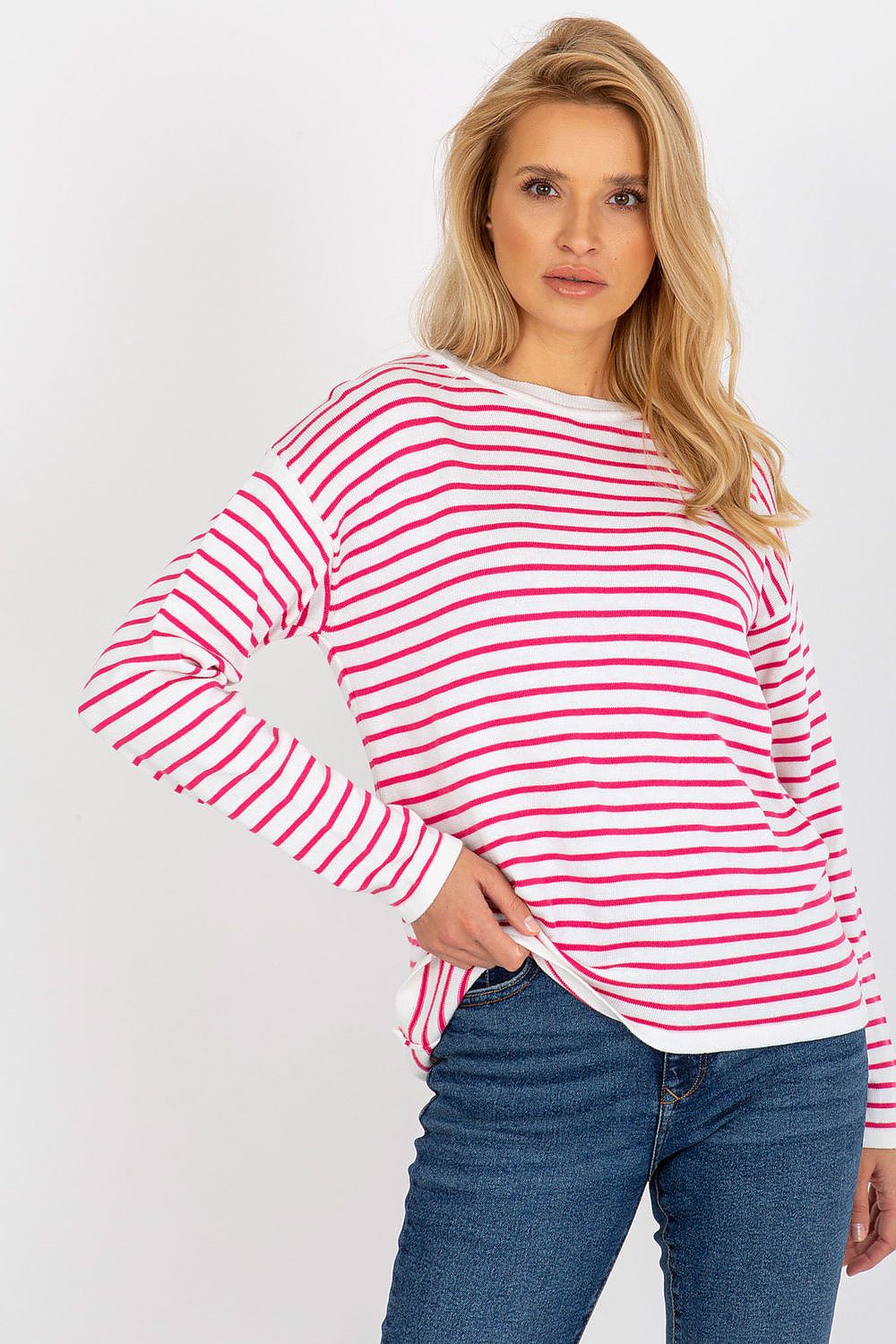 Elegant close-up of the Luxurious Striped Women's Sweater by Rue Paris, crafted from 70% acrylic and 30% wool.