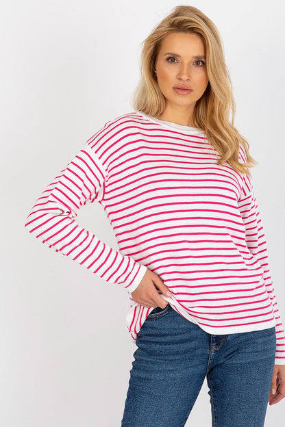 Elegant close-up of the Luxurious Striped Women's Sweater by Rue Paris, crafted from 70% acrylic and 30% wool.