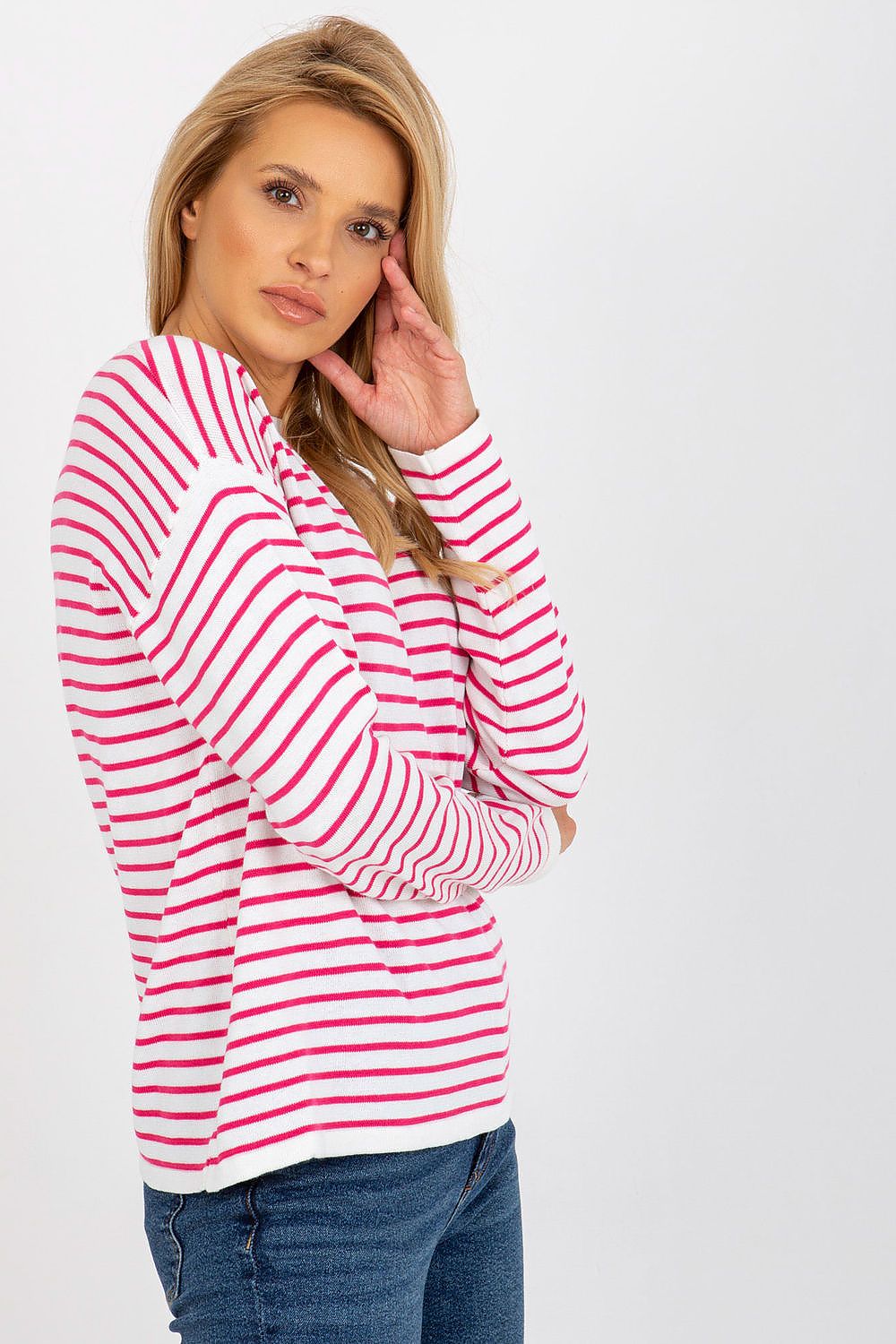 Luxurious Striped Women's Sweater by Rue Paris displayed flat, illustrating its beautiful colourful stripes and classic cut.