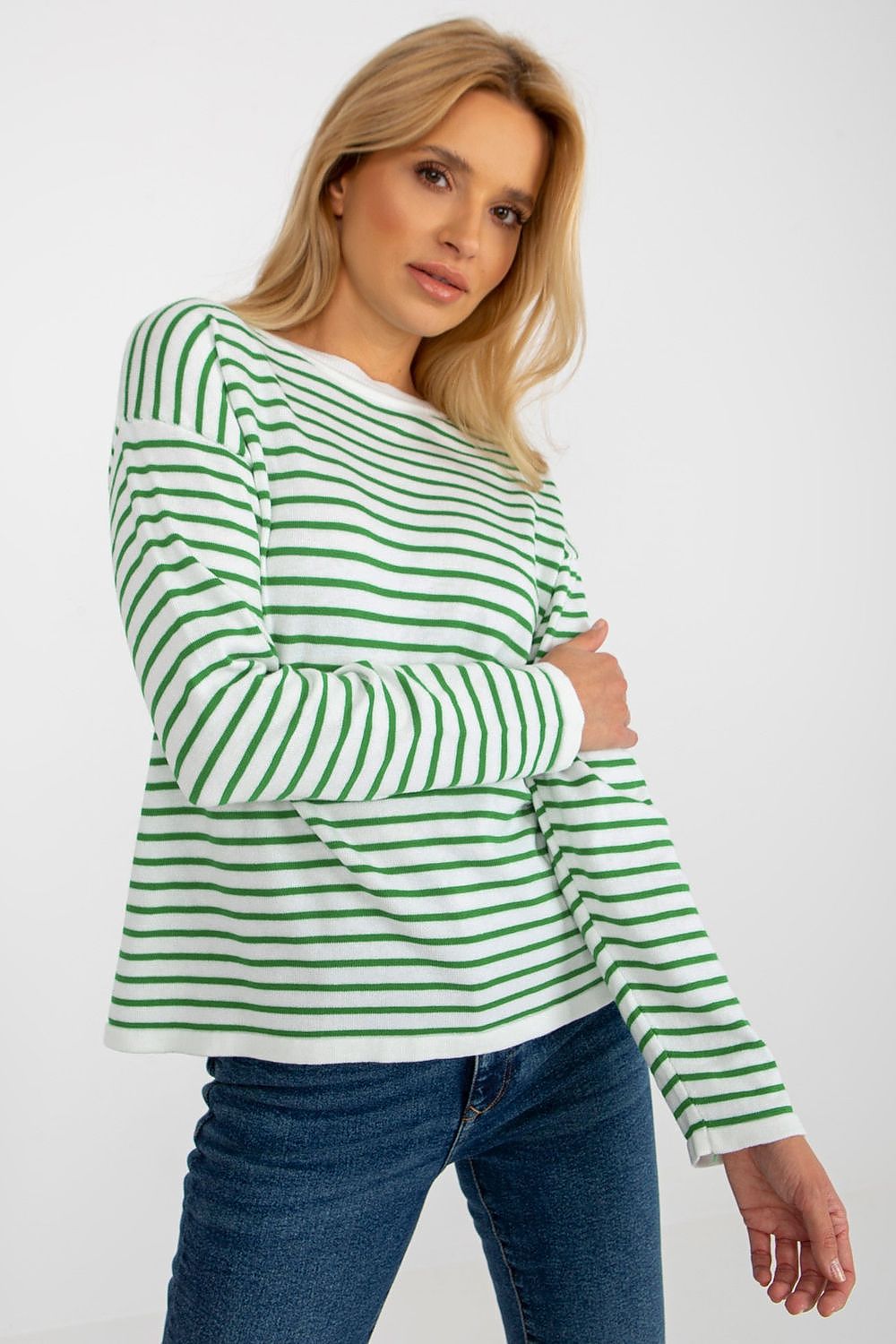 Luxurious Striped Women's Sweater by Rue Paris, showcasing a classic cut with a round neckline in vibrant colours, crafted from 70% acrylic and 30% wool.