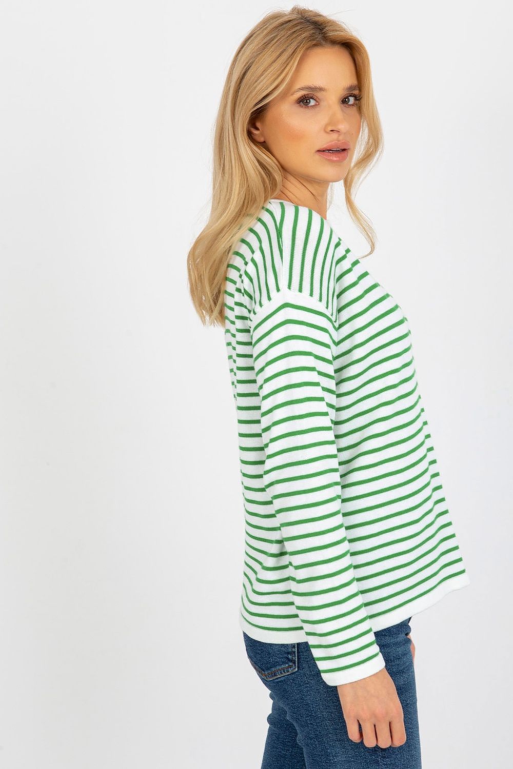 Close-up of the Luxurious Striped Women's Sweater by Rue Paris, highlighting its elegant long sleeves and intricate colour stripe pattern, designed for a sophisticated look.