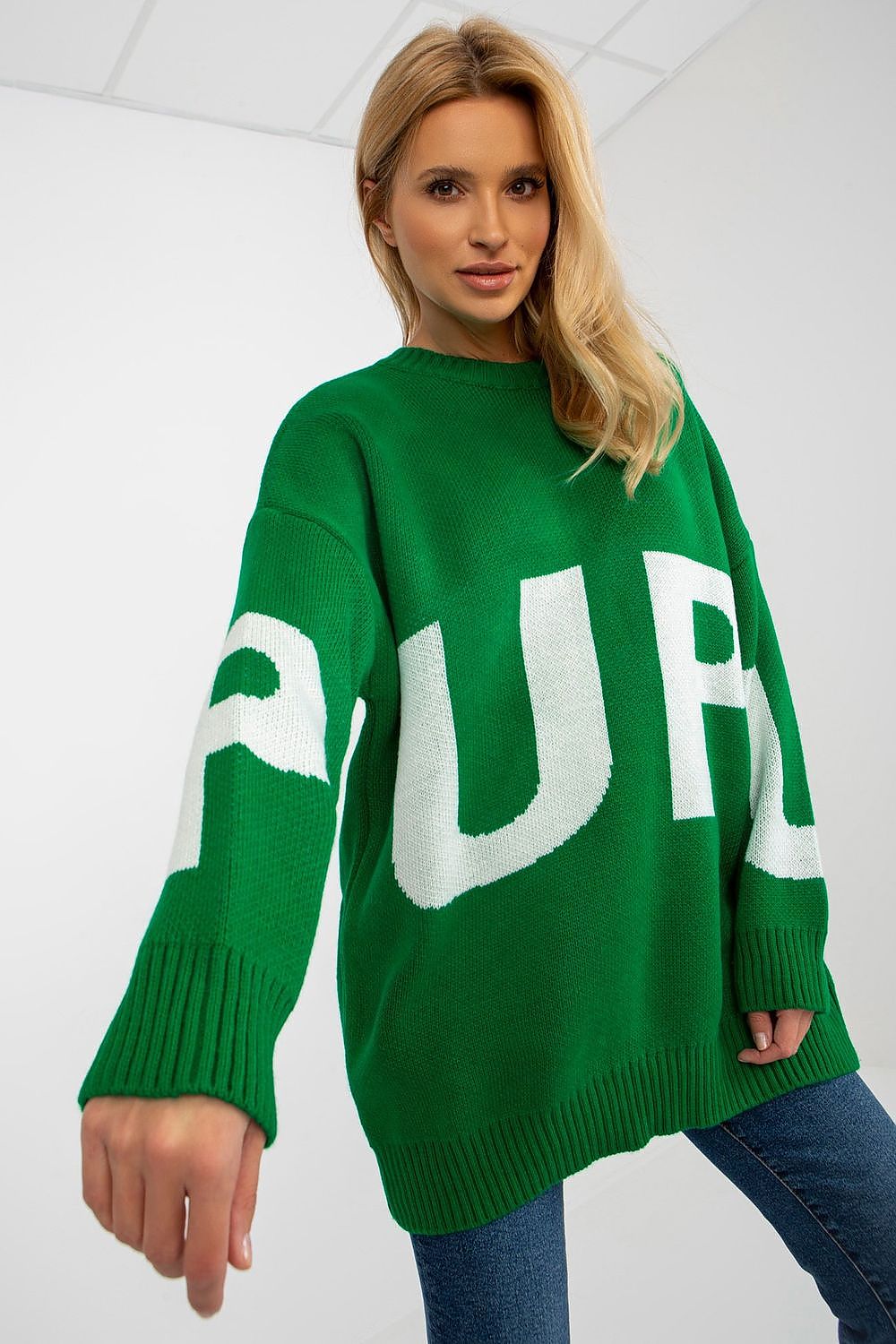 Close-up of the Elegant Long Sleeve Jumper by Rue Paris, highlighting the stylish lettering on premium fabric.