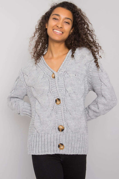 Luxurious Women's Cardigan by Rue Paris - a button-down sweater with heart neckline displayed elegantly.