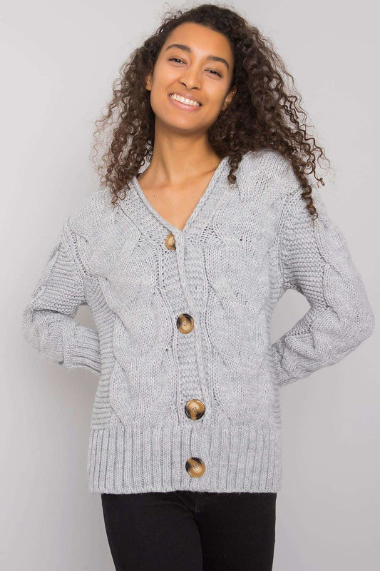 Luxurious Women's Cardigan by Rue Paris - a button-down sweater with heart neckline displayed elegantly.