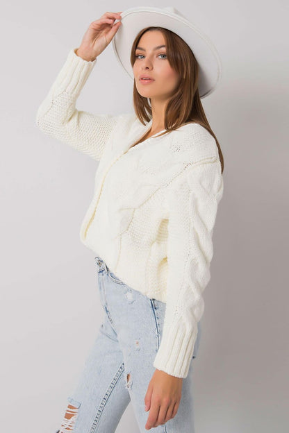 Luxurious Women's Cardigan by Rue Paris - Button-Down Sweater featuring a chic heart neckline in a soft acrylic-wool blend.