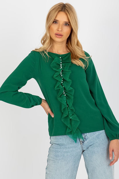 Elegant Lakerta Blouse with Long Sleeves and Round Neckline featuring a Decorative Mesh Frill with Pearls, perfect for upscale occasions.