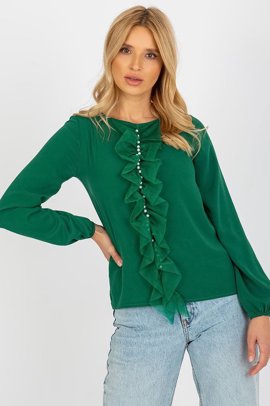 Elegant Lakerta Blouse with Long Sleeves and Round Neckline featuring a Decorative Mesh Frill with Pearls, perfect for upscale occasions.