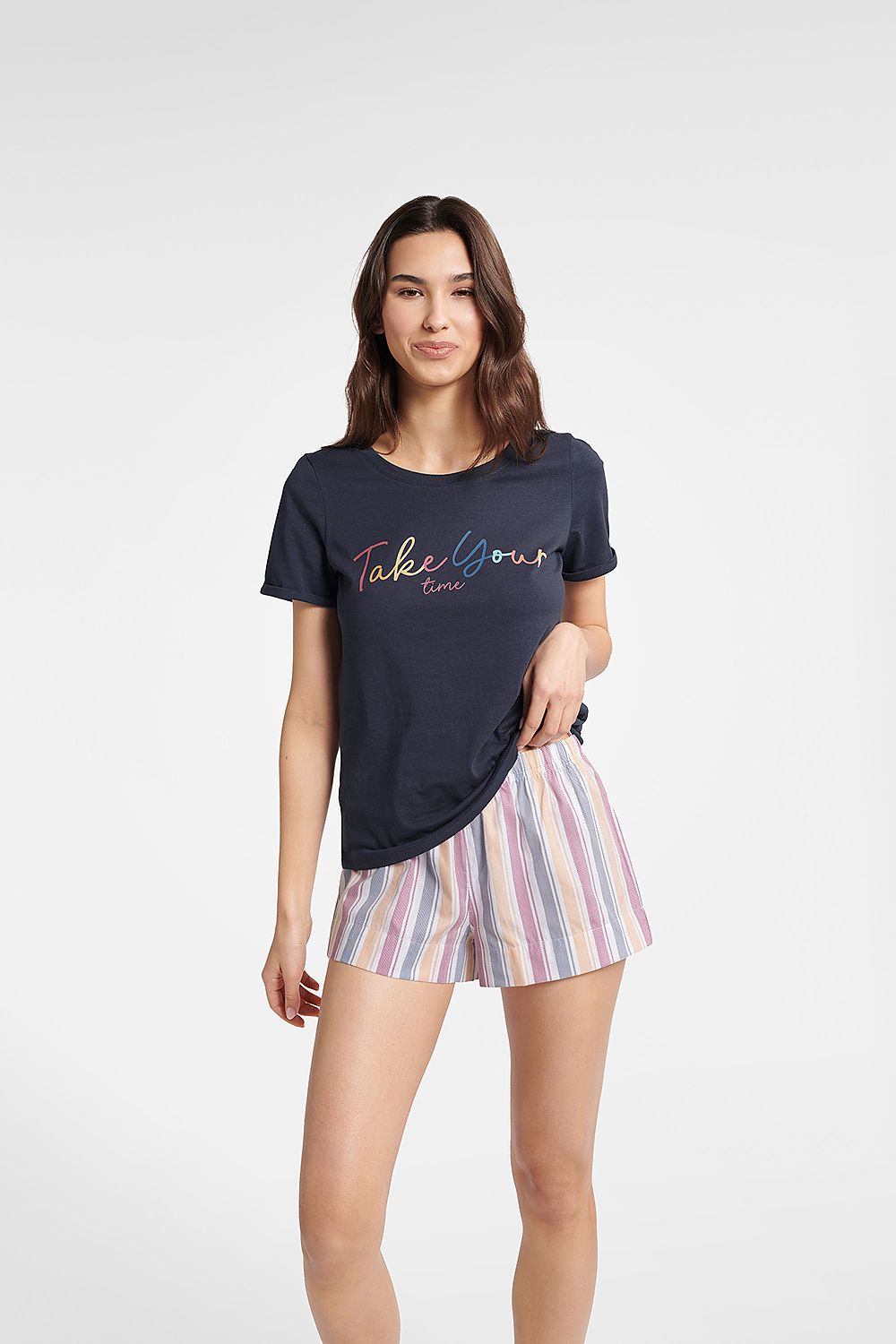 Henderson Women's Cotton Buzzy Pajamas Set featuring a navy blue short sleeve T-shirt adorned with a rainbow ombre 'Take your time' inscription.