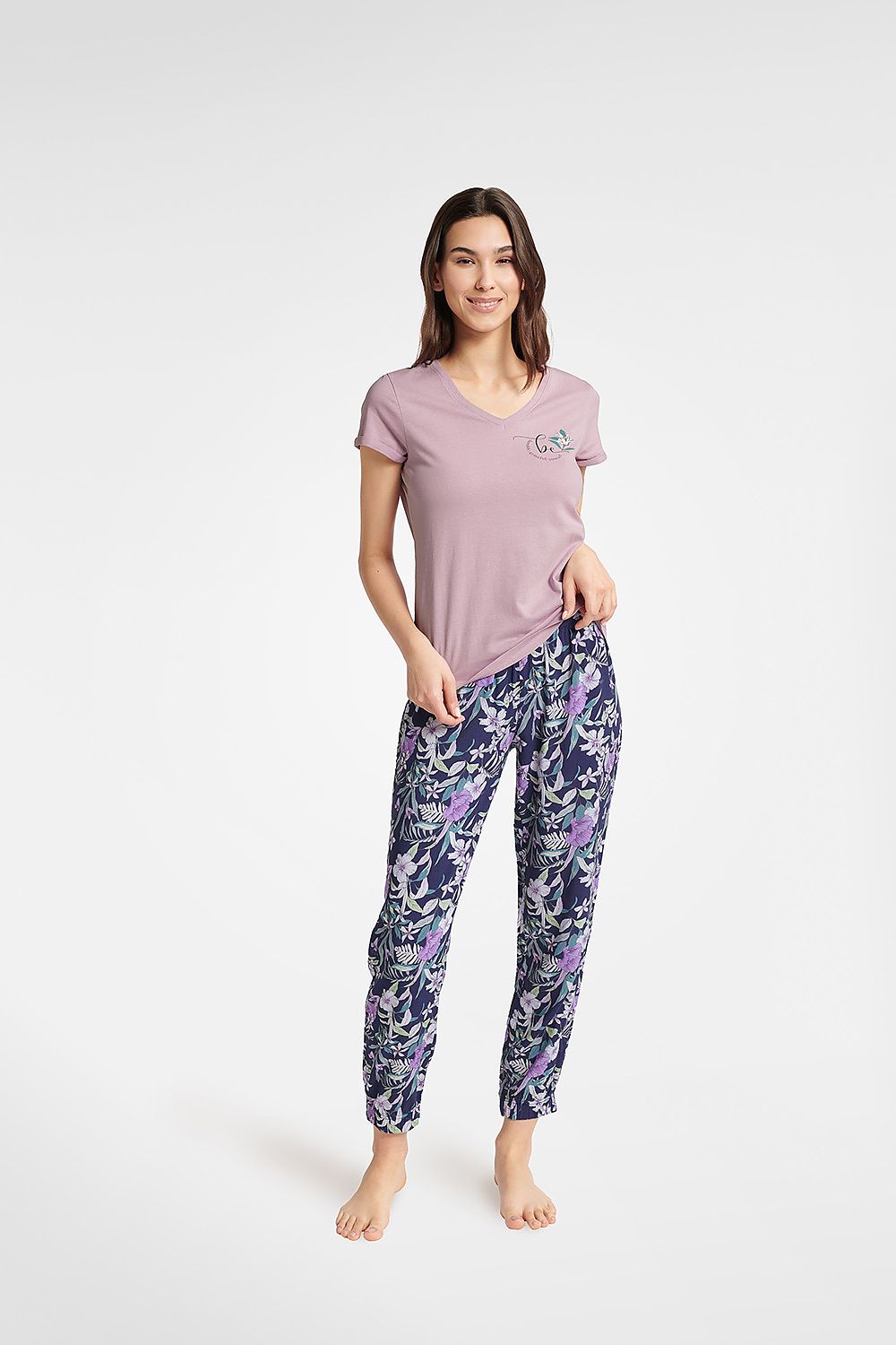 Henderson Women's Bluebird Floral Patterned Cotton Pyjama Set in Lavender and Deep Purple, showcasing the elegant lavender chemise with heart-shaped neckline and stylish deep purple floral patterned pants for luxurious comfort.