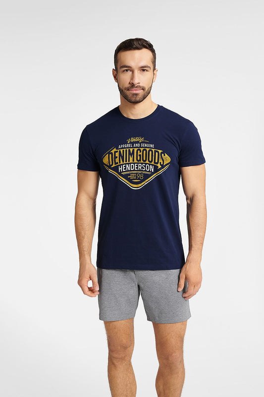 Luxury Henderson Men's Short Sleeve Cotton Pajamas Set featuring a striking graphic pattern and stylish contrast shorts in grey melange.