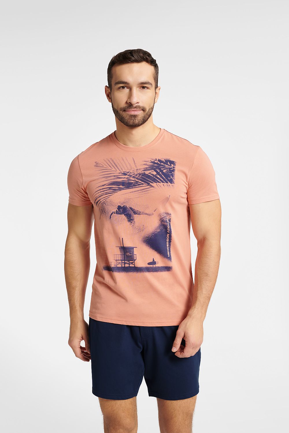 Men's Fearless Peach Cotton Two-Piece Pajama Set with Surfing Graphic - Henderson, showcasing a stylish peach shirt with navy surfing print and comfortable matching shorts.