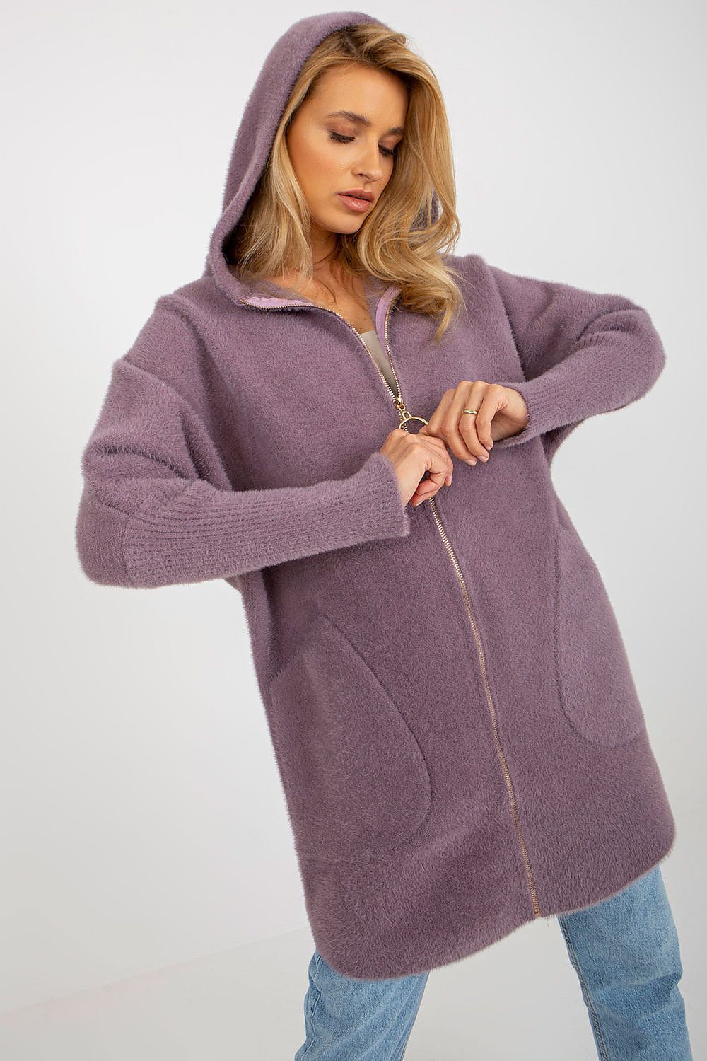 Luxury Women's Coat MBM with Hood, featuring long sleeves and a zippered design, complemented by large pockets for added functionality.