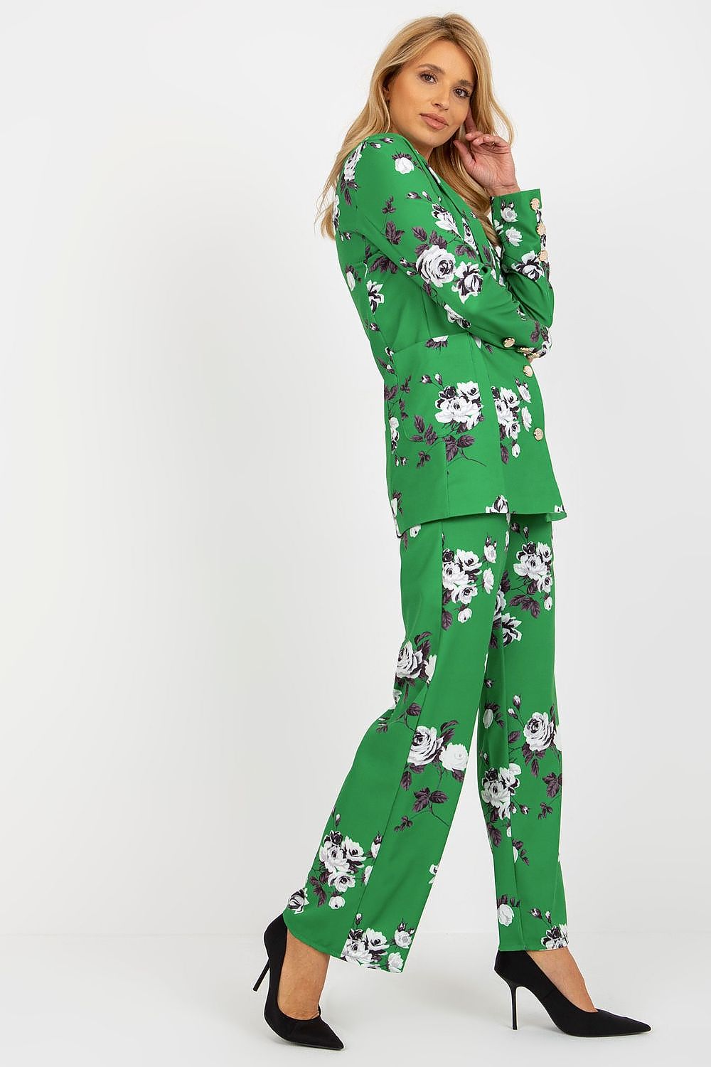 Side view of the Elegant Long-Sleeved Women's Lakerta Jacket With Button Closure – Fully Lined Cotton Blend, perfect for chic layering.