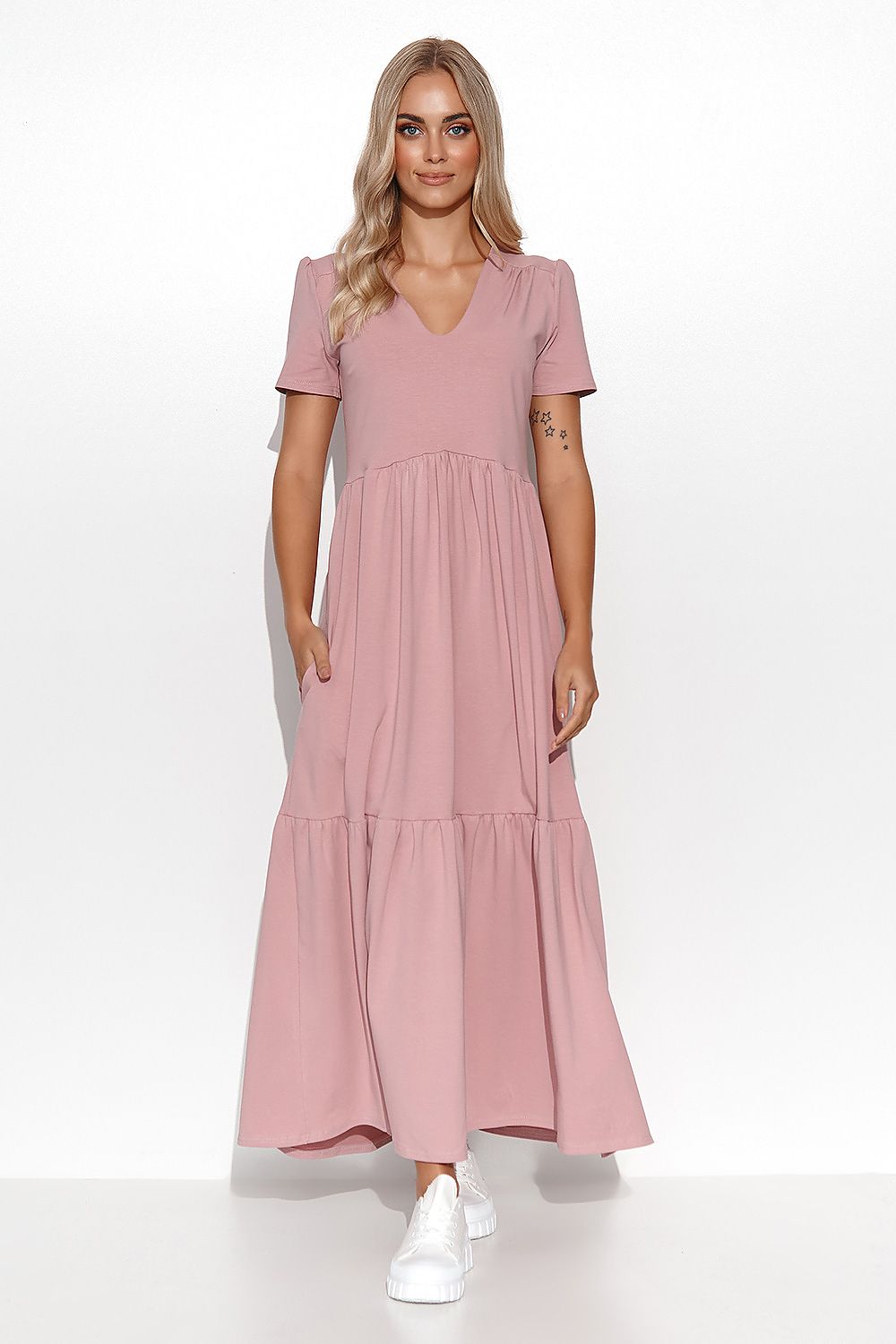 Elegant Makadamia Maxi Dress with Ruffles and V-Neckline - Timeless Feminine Charm, showcasing a flowy silhouette and romantic ruffle details.