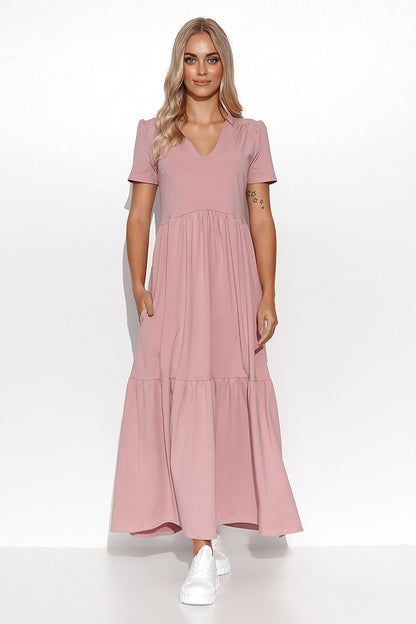 Elegant Makadamia Maxi Dress with Ruffles and V-Neckline - Timeless Feminine Charm, showcasing a flowy silhouette and romantic ruffle details.